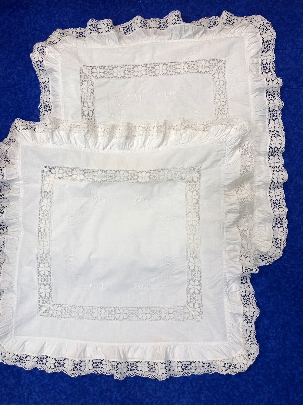 VTG European White Shams (2) Crochet Lace Embroidery Euro Ruffles Cotton 25”x25”